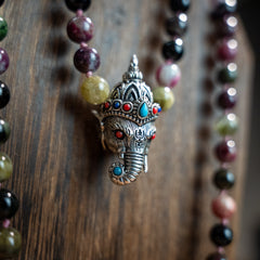 Ganesha Watermelon Tourmaline Mala 10mm Pink Cord