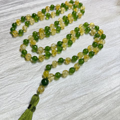 Jade & Citrine Hand Knotted Mala 8mm | 108 Bead | Japa Mala | Prayer Beads | Meditation Necklace | Mantra | Sound Healing | Reiki Infused