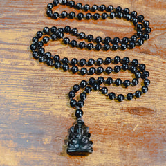 Black Tourmaline & Agate Ganesha Hand Knotted Mala | 8mm 108 Bead | Japa Mala | Prayer Beads |Meditation Necklace | Mantra and Reiki Infused