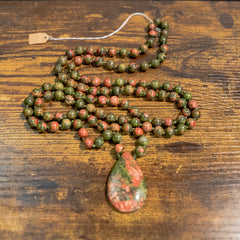 Unakite Hand Knotted Japa Mala, Prayer Beads, Meditation Beads. 8mm 108 Beads. Mantra, Sound Healing & Reiki Infused
