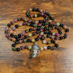 Ganesha Watermelon Tourmaline Mala 10mm Pink Cord