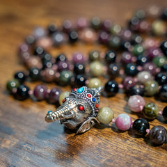 Ganesha Watermelon Tourmaline Mala 10mm Pink Cord
