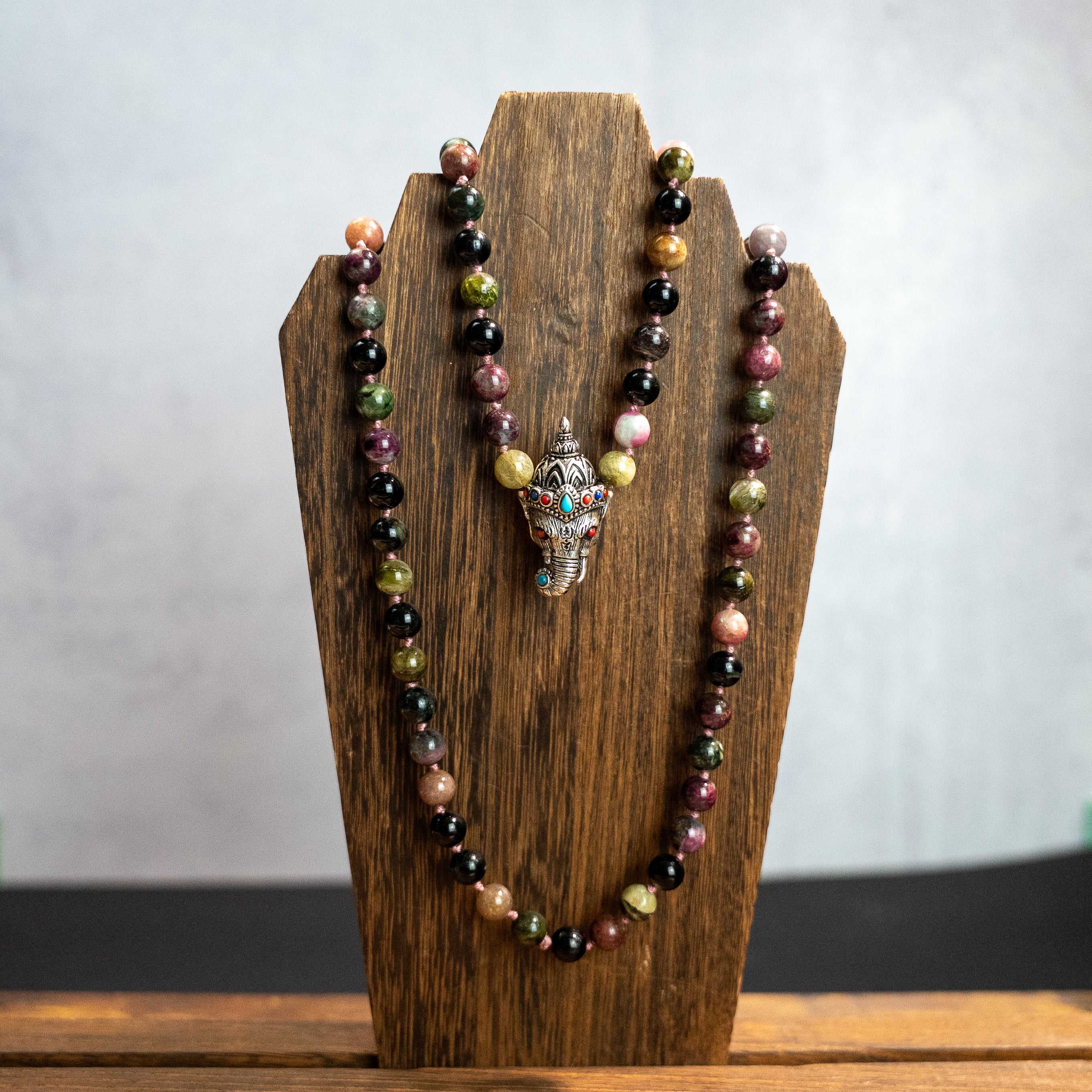 Ganesha Watermelon Tourmaline Mala 10mm Pink Cord