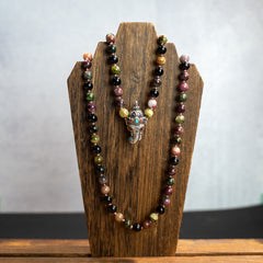 Ganesha Watermelon Tourmaline Mala 10mm Pink Cord