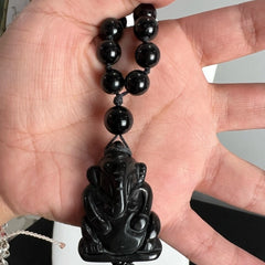 Black Tourmaline & Agate Ganesha Hand Knotted Mala | 8mm 108 Bead | Japa Mala | Prayer Beads |Meditation Necklace | Mantra and Reiki Infused