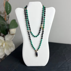 Malachite, Black Onyx & Pyrite Hand Knotted Mala 8mm | 108 Bead | Japa Mala | Prayer Beads | Meditation Necklace| Mantra and Reiki Infused