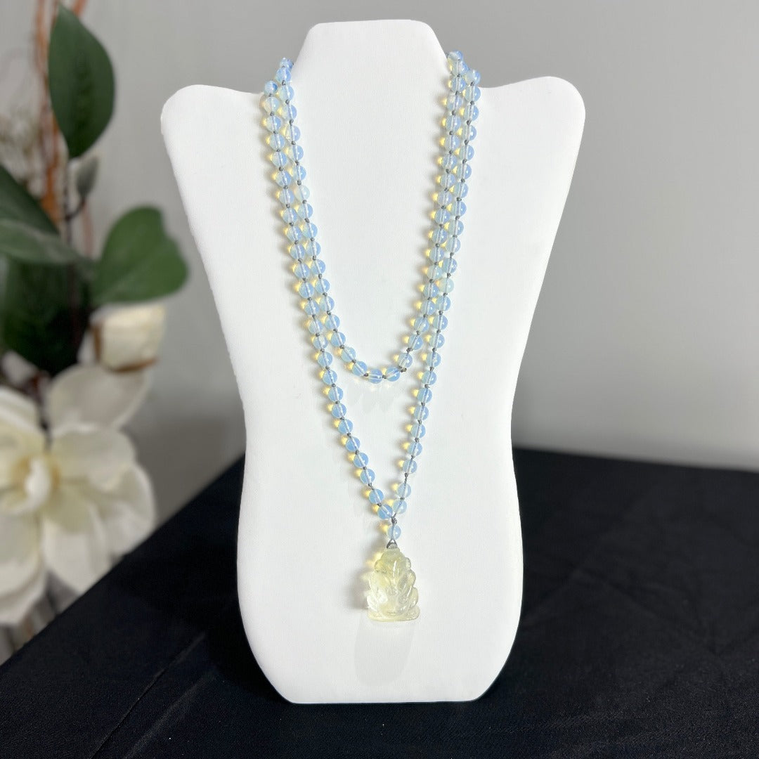 Opalite Ganesha Mala 8mm | 108 Bead | Hand Knotted | Prayer Beads | Meditation Necklace | Mantra | Sound Healing |  Reiki Infused