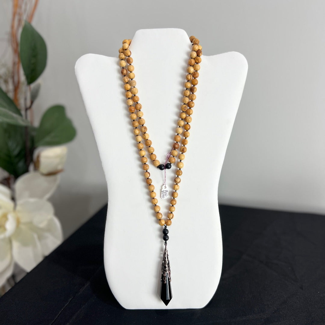 Palo Santo Onyx Obsidian Protection Hand Knotted Mala 8mm 108 Beads | Prayer Beads | Meditation Necklace | Mantra, Sound & Reiki Infused