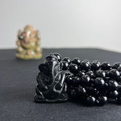 Black Tourmaline & Agate Ganesha Hand Knotted Mala | 8mm 108 Bead | Japa Mala | Prayer Beads |Meditation Necklace | Mantra and Reiki Infused