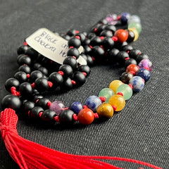 Matte Black Onyx 7 Chakras Hand Knotted Japa Mala, Prayer Beads, Meditation Beads. 6mm 108 Beads. Mantra, Sound Healing & Reiki Infused