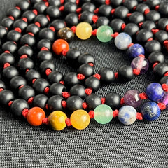 Matte Black Onyx 7 Chakras Hand Knotted Japa Mala, Prayer Beads, Meditation Beads. 6mm 108 Beads. Mantra, Sound Healing & Reiki Infused
