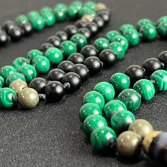 Malachite, Black Onyx & Pyrite Hand Knotted Mala 8mm | 108 Bead | Japa Mala | Prayer Beads | Meditation Necklace| Mantra and Reiki Infused
