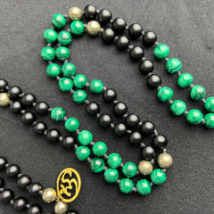 Malachite, Black Onyx & Pyrite Hand Knotted Mala 8mm | 108 Bead | Japa Mala | Prayer Beads | Meditation Necklace| Mantra and Reiki Infused