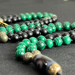 Malachite, Black Onyx & Pyrite Hand Knotted Mala 8mm | 108 Bead | Japa Mala | Prayer Beads | Meditation Necklace| Mantra and Reiki Infused