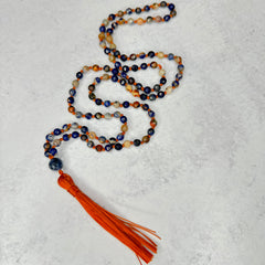 Orange Sunset Sodalite Hand Knotted Mala 6mm 108 Bead | Prayer Beads Meditation Necklace | Mantra, Sound Healing, & Reiki Infused