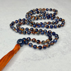 Orange Sunset Sodalite Hand Knotted Mala 8mm 108 Bead | Prayer Beads Meditation Necklace | Mantra, Sound Healing, & Reiki Infused
