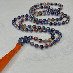 Orange Sunset Sodalite Hand Knotted Mala 8mm 108 Bead | Prayer Beads Meditation Necklace | Mantra, Sound Healing, & Reiki Infused