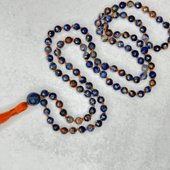 Orange Sunset Sodalite Hand Knotted Mala 8mm 108 Bead | Prayer Beads Meditation Necklace | Mantra, Sound Healing, & Reiki Infused