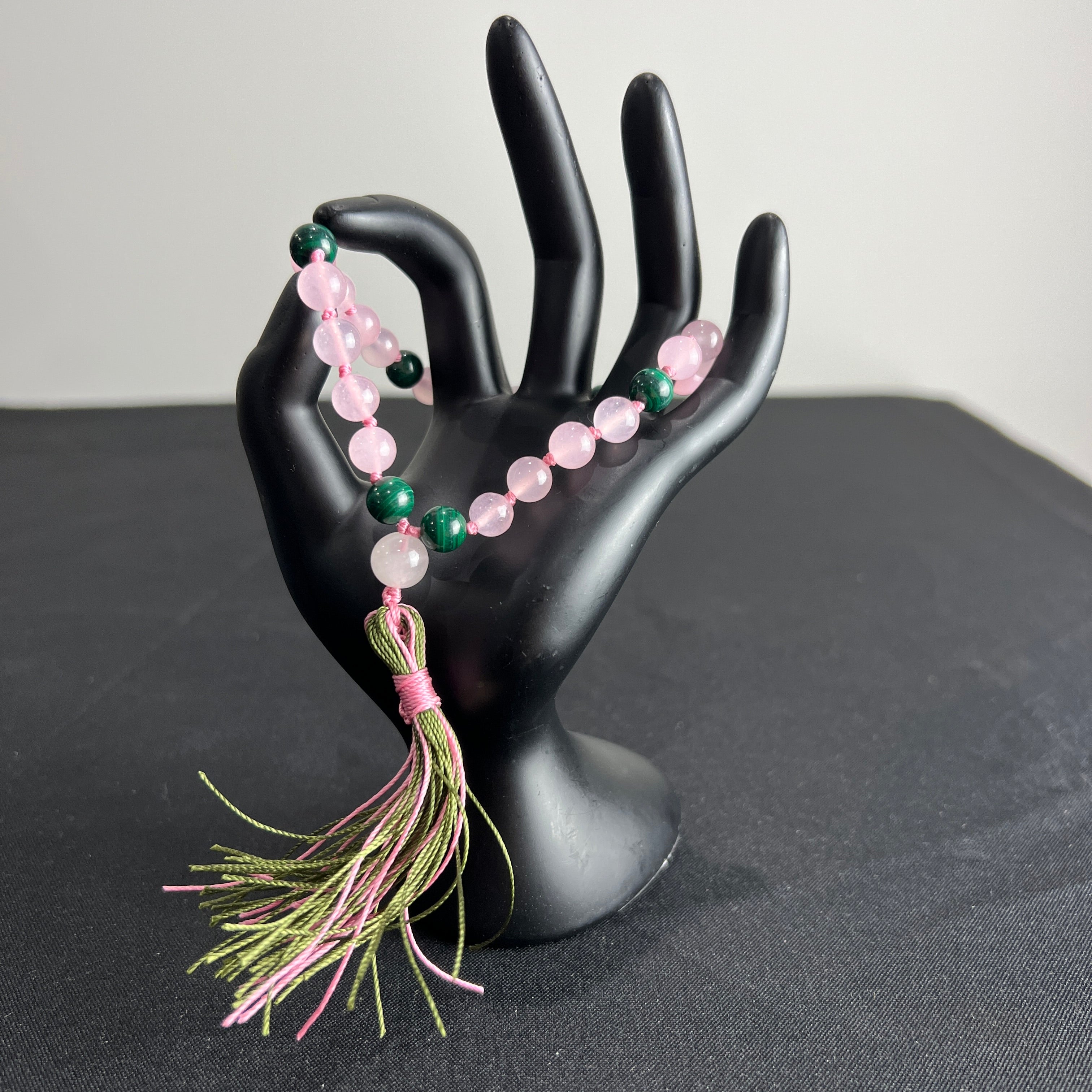 Rose Quartz & Malachite  Hand Mala 8mm (27 beads)