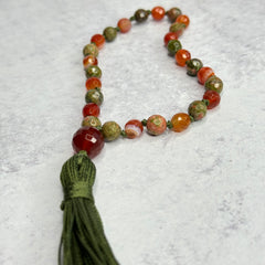 Unakite & Carnelian Hand Knotted Hand Mala, Prayer Beads, Meditation Beads. 8mm, 27 Beads. Mantra, Sound Healing & Reiki Infused