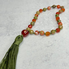Unakite & Carnelian Hand Knotted Hand Mala, Prayer Beads, Meditation Beads. 8mm, 27 Beads. Mantra, Sound Healing & Reiki Infused