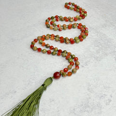Unakite & Carnelian Hand Knotted Japa Mala, Prayer Beads, Meditation Beads. 8mm 108 Beads. Mantra, Sound Healing & Reiki Infused