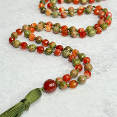 Unakite & Carnelian Hand Knotted Japa Mala, Prayer Beads, Meditation Beads. 8mm 108 Beads. Mantra, Sound Healing & Reiki Infused