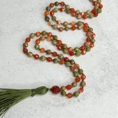 Unakite & Carnelian Hand Knotted Japa Mala, Prayer Beads, Meditation Beads. 8mm 108 Beads. Mantra, Sound Healing & Reiki Infused