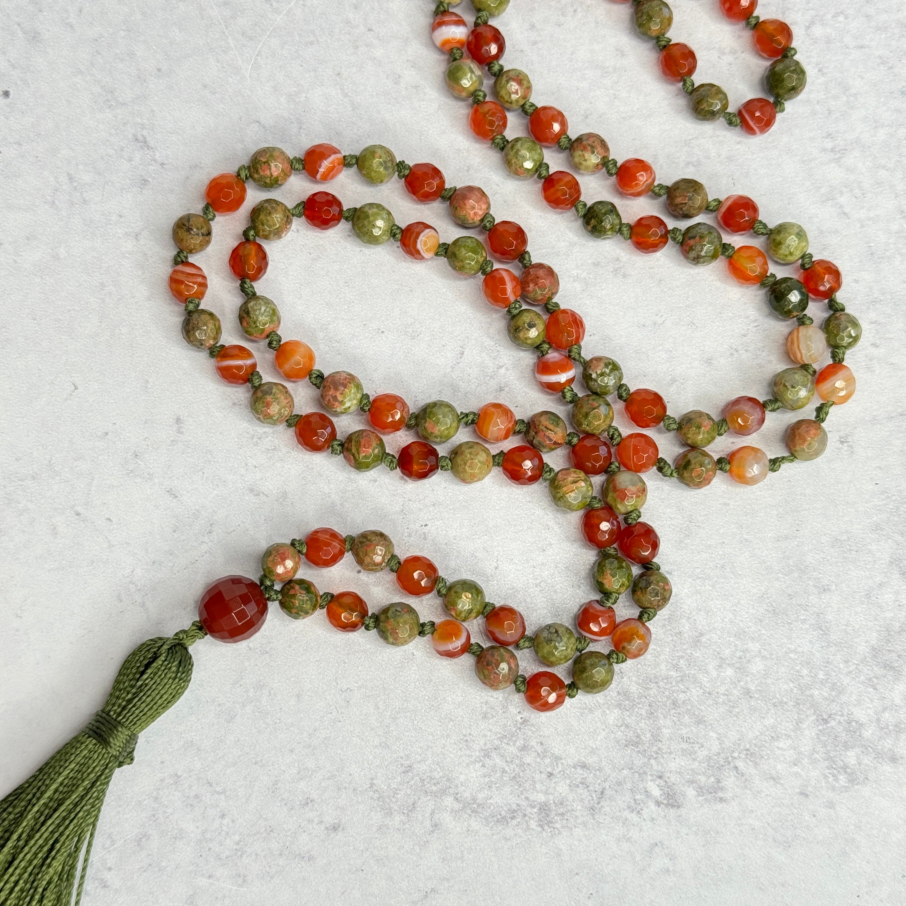 Unakite & Carnelian Hand Knotted Japa Mala, Prayer Beads, Meditation Beads. 8mm 108 Beads. Mantra, Sound Healing & Reiki Infused