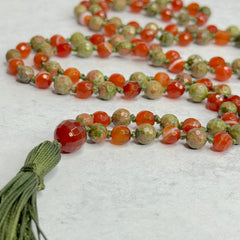 Unakite & Carnelian Hand Knotted Japa Mala, Prayer Beads, Meditation Beads. 8mm 108 Beads. Mantra, Sound Healing & Reiki Infused