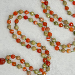 Unakite & Carnelian Hand Knotted Japa Mala, Prayer Beads, Meditation Beads. 8mm 108 Beads. Mantra, Sound Healing & Reiki Infused