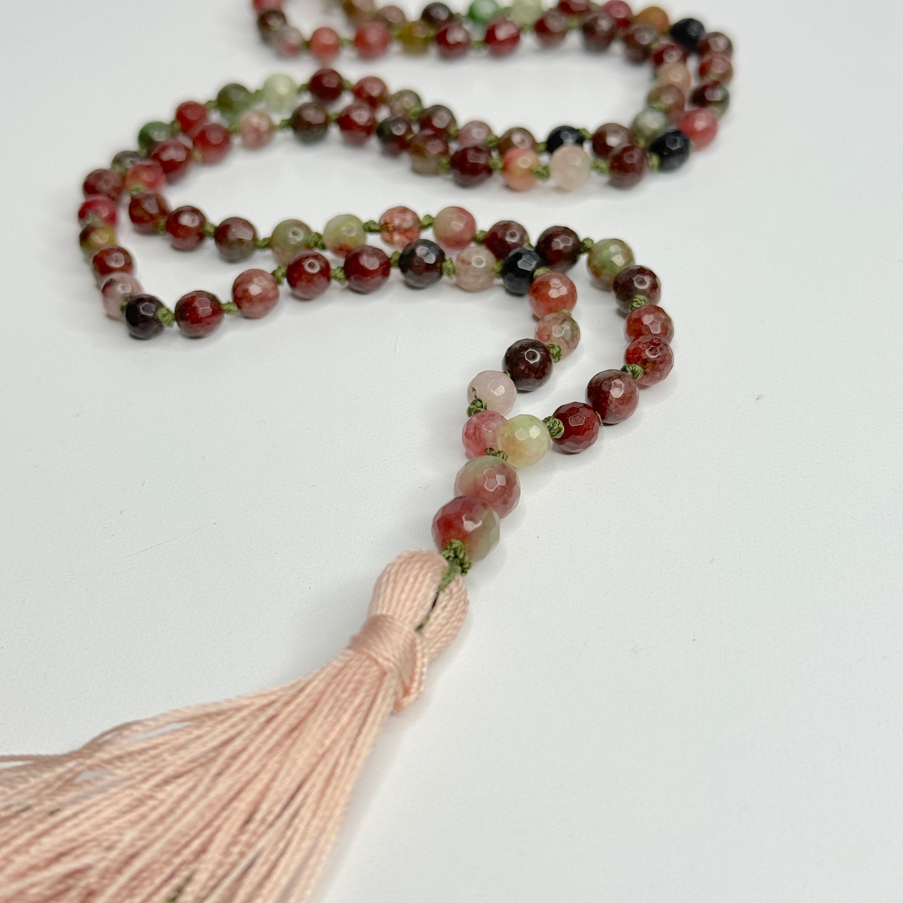 Faceted Watermelon Tourmaline Hand Knotted Mala | 6mm 108 Beads | Japa Mala | Meditation Necklace | Prayer Beads | Mantra and Reiki Infused