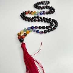 Matte Black Onyx 7 Chakras Hand Knotted Japa Mala, Prayer Beads, Meditation Beads. 8mm 108 Beads. Mantra, Sound Healing & Reiki Infused