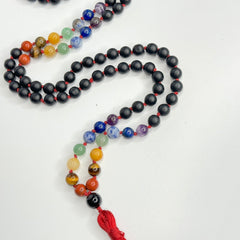 Matte Black Onyx 7 Chakras Hand Knotted Japa Mala, Prayer Beads, Meditation Beads. 8mm 108 Beads. Mantra, Sound Healing & Reiki Infused