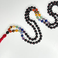 Matte Black Onyx 7 Chakras Hand Knotted Japa Mala, Prayer Beads, Meditation Beads. 8mm 108 Beads. Mantra, Sound Healing & Reiki Infused