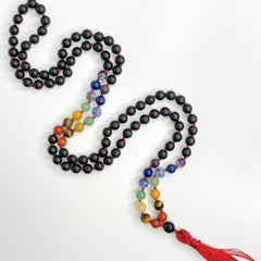 Matte Black Onyx 7 Chakras Hand Knotted Japa Mala, Prayer Beads, Meditation Beads. 8mm 108 Beads. Mantra, Sound Healing & Reiki Infused