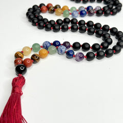Matte Black Onyx 7 Chakras Hand Knotted Japa Mala, Prayer Beads, Meditation Beads. 8mm 108 Beads. Mantra, Sound Healing & Reiki Infused