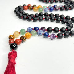 Matte Black Onyx 7 Chakras Hand Knotted Japa Mala, Prayer Beads, Meditation Beads. 8mm 108 Beads. Mantra, Sound Healing & Reiki Infused