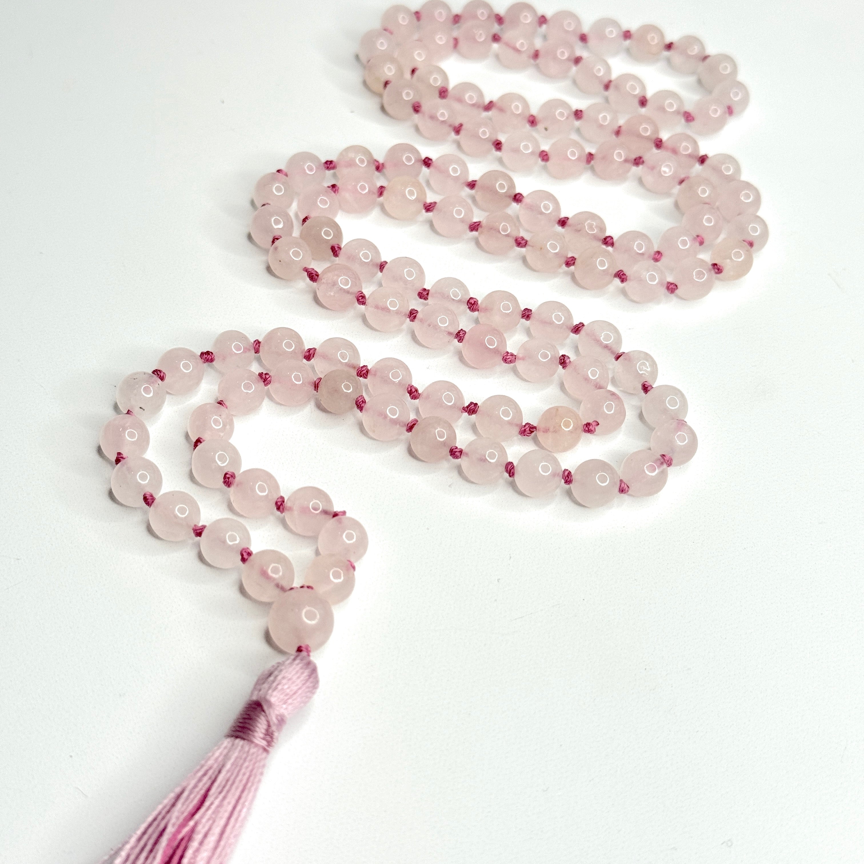 Rose Quartz Hand Knotted Japa Mala, Prayer Beads, Meditation Beads. 8mm 108 Beads. Mantra, Sound Healing & Reiki Infused