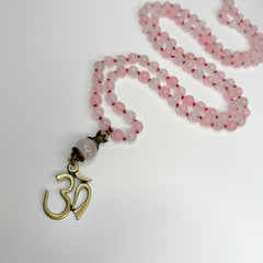 Rose Quartz Ohm Hand Knotted Japa Mala, Prayer Beads, Meditation Beads. 8mm 108 Beads. Mantra, Sound Healing & Reiki Infused
