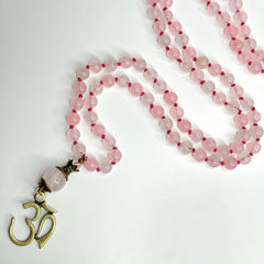Rose Quartz Ohm Hand Knotted Japa Mala, Prayer Beads, Meditation Beads. 8mm 108 Beads. Mantra, Sound Healing & Reiki Infused