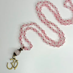 Rose Quartz Ohm Hand Knotted Japa Mala, Prayer Beads, Meditation Beads. 8mm 108 Beads. Mantra, Sound Healing & Reiki Infused