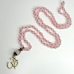 Rose Quartz Ohm Hand Knotted Japa Mala, Prayer Beads, Meditation Beads. 8mm 108 Beads. Mantra, Sound Healing & Reiki Infused