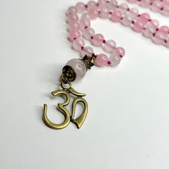 Rose Quartz Ohm Hand Knotted Japa Mala, Prayer Beads, Meditation Beads. 8mm 108 Beads. Mantra, Sound Healing & Reiki Infused