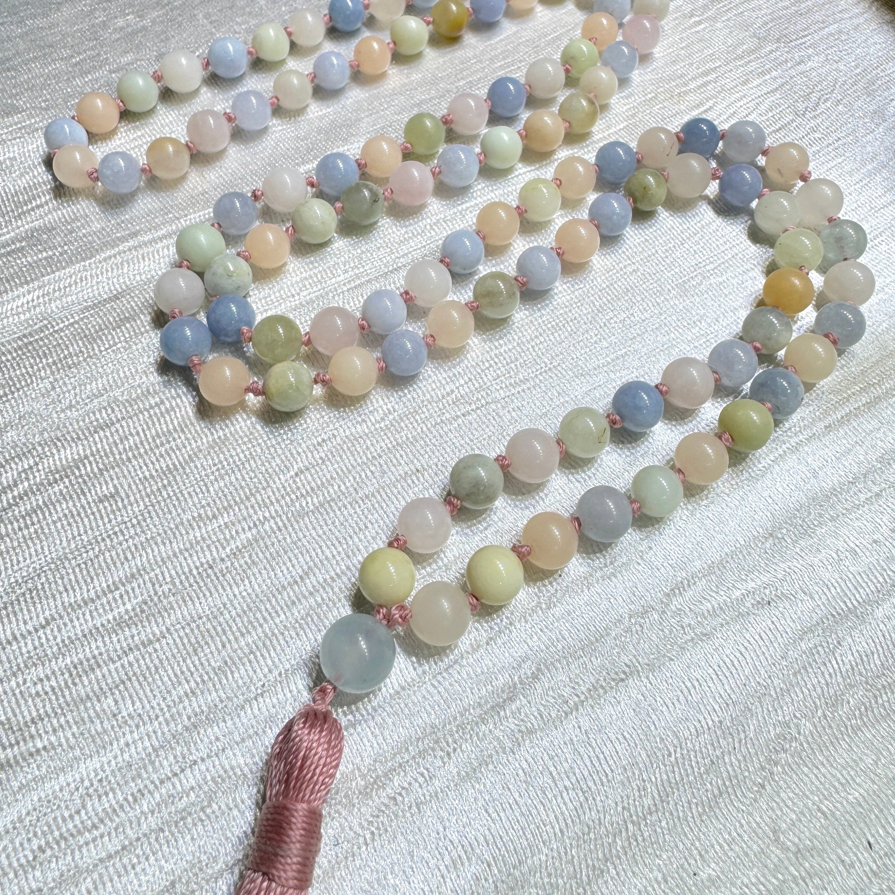 Morganite Mala 8mm 8mm | 108 Bead | Japa Mala | Hand Knotted | Mantra | Sound Healing | Reiki Infused