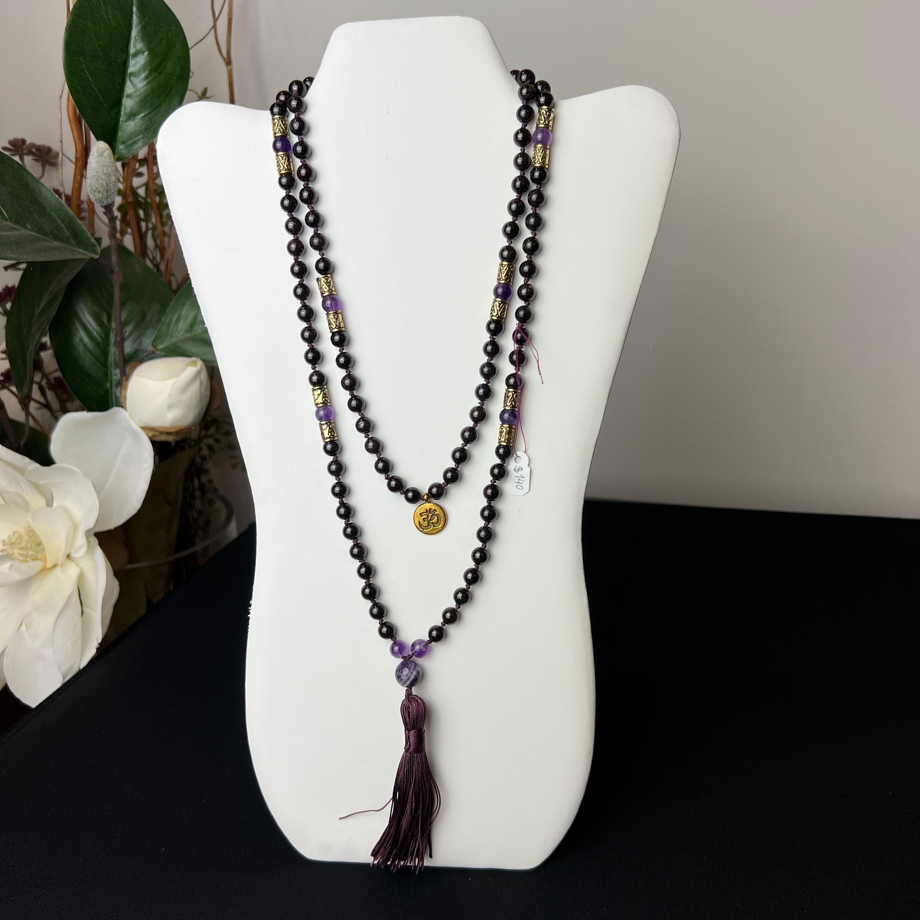 Garnet Amethyst Om Hand Knotted Mala | 5mm 108 bead | Prayer Beads | Meditation Necklace | Japa Mala | Mantra, Sound and Reiki Healing