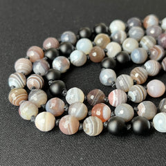 Banded Botswana Agate & Matte Onyx and Knotted Mala 6mm 108 Bead | Japa Mala | Prayer Beads | Meditation Necklace | Mantra and Reiki Infused