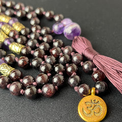 Garnet Amethyst Om Hand Knotted Mala | 5mm 108 bead | Prayer Beads | Meditation Necklace | Japa Mala | Mantra, Sound and Reiki Healing