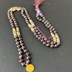 Garnet Amethyst Om Hand Knotted Mala | 5mm 108 bead | Prayer Beads | Meditation Necklace | Japa Mala | Mantra, Sound and Reiki Healing