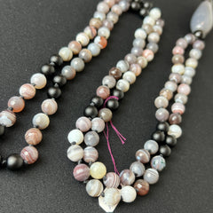 Banded Botswana Agate & Matte Onyx and Knotted Mala 6mm 108 Bead | Japa Mala | Prayer Beads | Meditation Necklace | Mantra and Reiki Infused